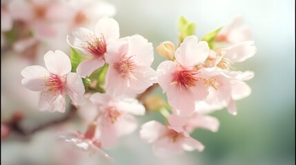 Cherry blossoms in full bloom, delicate petals in soft light, symbolizing renewal and harmony of spring
