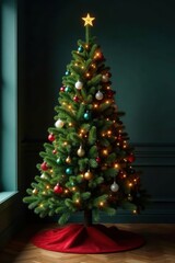 Freshly decorated evergreen Christmas tree standing alone in a darkened room, ornaments, evergreen christmas tree