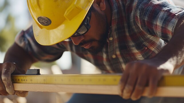 A Hispanic construction worker using a laser level to ensure straight lines. Featuring precision and technology