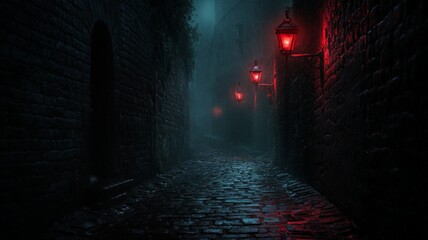 Dark cobbled alley at night with red streetlamps