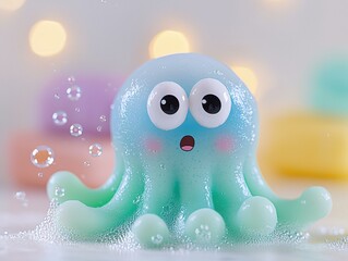 Obraz premium Cute octopus toy surrounded by bubbles. AI.
