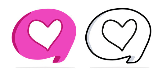 Love chat vector icons featuring heart symbols, available in two versatile styles, vibrant pink solid design and clean black outline version. perfect for social media platforms