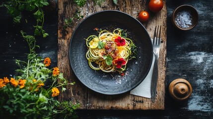 Gourmet Zucchini Noodles with Herb Garnish and Seasoning