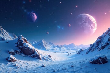 Frozen galaxy landscape with snow-covered asteroids and stars , cosmos, night sky