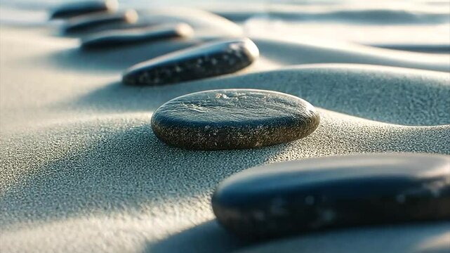 Smooth, dark stones arranged on textured sand