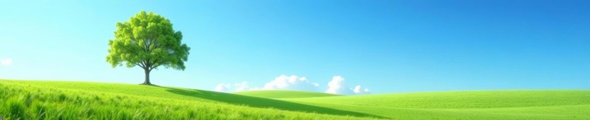 Fototapeta premium A serene landscape with a lone tree under a clear blue sky, landscape, peaceful, tranquil