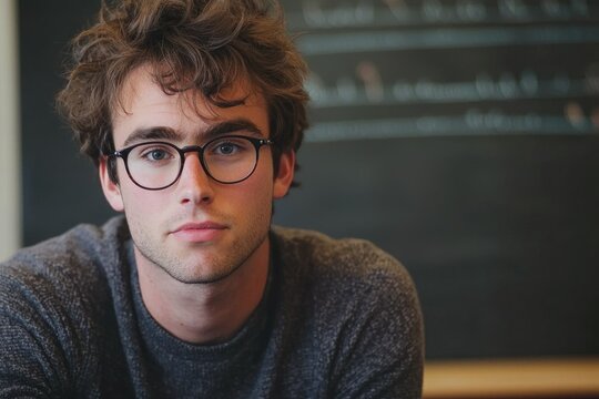 Young man with curly brown hair and glasses, serious expression, against a chalkboard background.