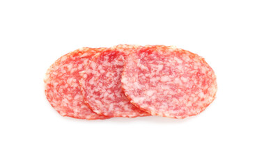 Slices of tasty smoked sausage on white background