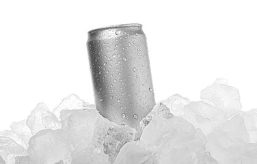Refreshing drink in can on ice cubes against white background