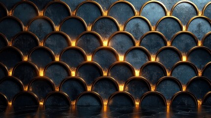 Dark, modern, fishscale wall with golden accents, illuminated interior, empty space