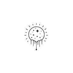 Minimalist Melting Sun and Stars Icon: Black and White Illustration