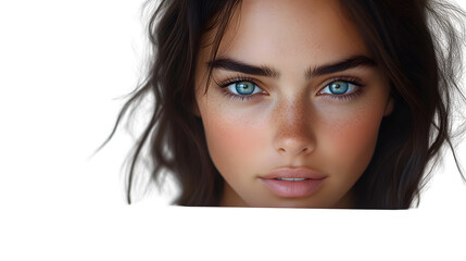 Closeup portrait of a woman with blue eyes and freckles