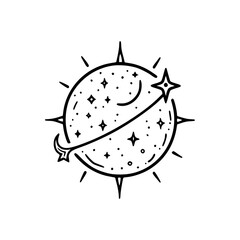 Celestial Hand-Drawn Illustration: Moon, Stars, Sunburst. Line Art Design.