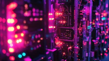 Fototapeta premium Cyberpunk Aesthetics: Glowing Circuit Boards in a Futuristic Data Center