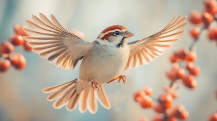 Obraz premium Eurasian Tree Sparrow in Flight, Wings Spread Wide, Nature's Beauty