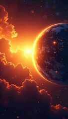 Golden sun with vibrant rays and colorful lens flare in space background, lens, glow