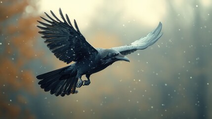 Majestic Raven in Flight: A Serene Autumn Scene