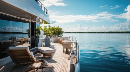 Fototapeta premium Luxury Yacht Deck, Tranquil Waterscape: Summertime Relaxation