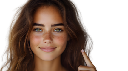 Closeup portrait of a woman with freckles and long brown hair