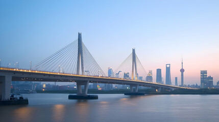 Obraz premium Modern Cable Stayed Bridge Over River At Dawn In Cityscape
