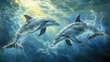 Fototapeta premium Oceanic Dance: Two Dolphins Gracefully Playing in Sunlit Waters