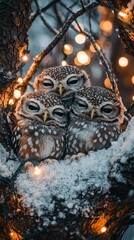Obraz premium Two owls snuggling on a snowy branch. AI.