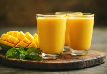 Fototapeta premium Fresh Mango Smoothie in Glasses with Mango Chunks and Green Leaves on Wooden Board for Healthy Summer Beverage Inspiration