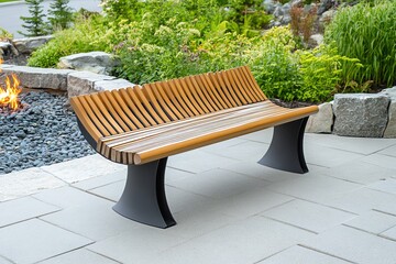 Modern Wooden Bench with Fire Pit in Outdoor Patio Setting