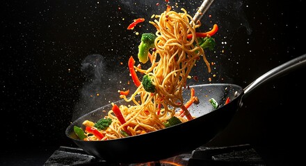 Action shot of noodles being tossed in a pan with sauce and vegetables, steam and splashes captured mid-air