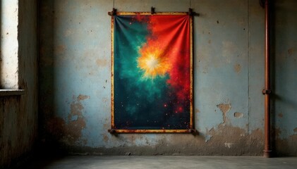 Faded grunge music poster stuck to concrete wall with rusty pipes in dimly lit room , industrial, poster