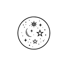 Minimalist Celestial Night Sky Illustration: Moon, Stars, Cosmic Design