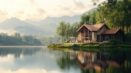 Fototapeta premium Tranquil Lakeside Cabin Retreat in the Mountains