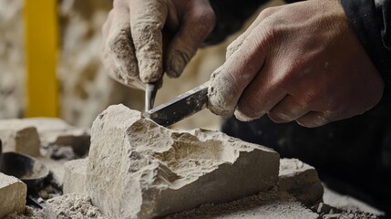 A mason chiseling stone for a garden feature. Featuring detail and precision