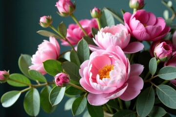 Obraz premium Floral arrangement with peonies and eucalyptus leaves, greenery, floral arrangement