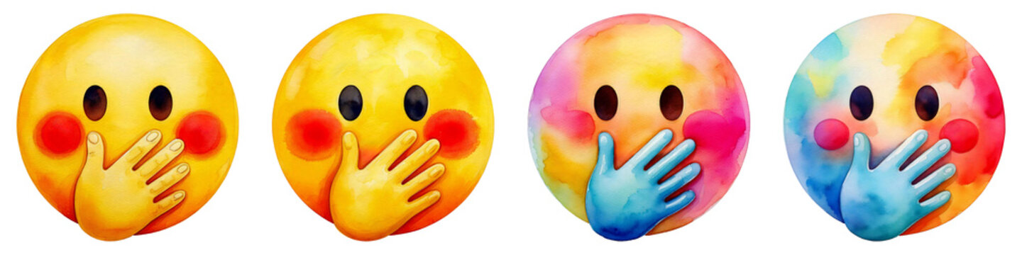 set of OOPS face emoji icons, soft pastel watercolor handmade style, surprised silent expressions, transparent cutout PNG, emoticons creative digital design stickers, social media