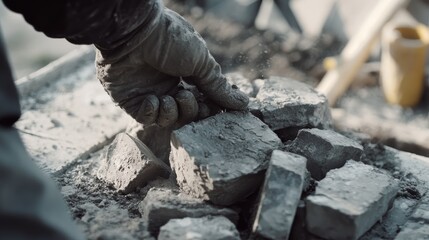 Fototapeta premium A mason laying stones for a garden wall. Featuring craftsmanship and attention to detail