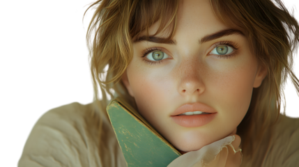 Closeup portrait of a young woman with blonde hair and green eyes holding an antique book