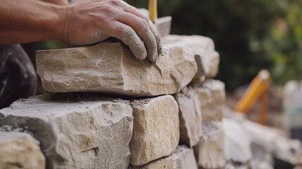 A mason placing large stones for a decorative garden wall. Featuring skill and attention to detail