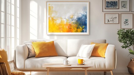 Sunlit Living Room with Abstract Artwork and Cozy Sofa