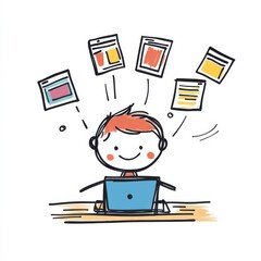 A cartoon drawing of a child sitting at a table working on a laptop with document graphics floating above their head.