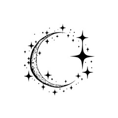 Crescent Moon & Stars Dotwork Illustration - Celestial, Mystical Design