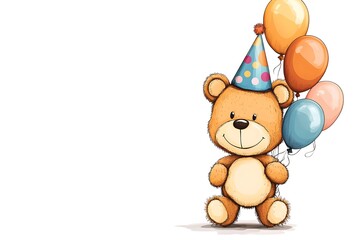 Cute cartoon teddy bear with balloons wearing a party hat for children's birthday celebration