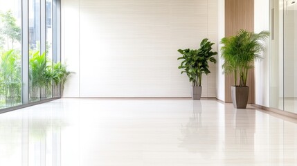 Empty modern hallway with large windows and plants