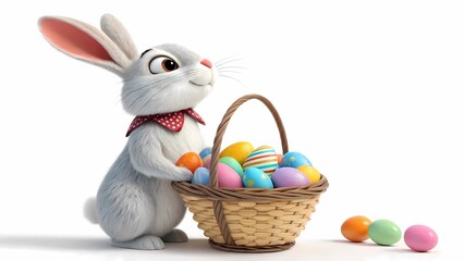 Easter Bunny's colorful basket: A delightful Easter Bunny, rendered in a photorealistic style, stands beside a basket brimming with vibrantly painted Easter eggs.