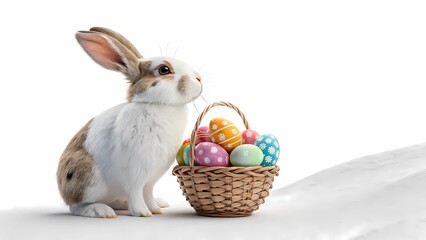 Easter Bunny and Decorated Eggs: A charming bunny sits beside a woven basket brimming with colorful, decorated Easter eggs. This captures the essence of Spring and the joy of the holiday season.
