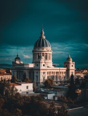 Obraz premium Grand capitol dome, majestic against a vibrant blue sky, clouds partially obscuring its peak - bright full monument usa shadow