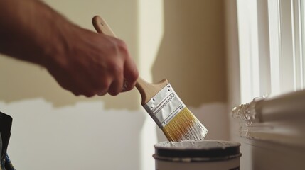 A painter painting trim in a room with a brush. Featuring attention to detail and care