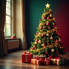 Luxurious Christmas tree adorned with ornaments and garlands amidst a festive gift display, festive, merry