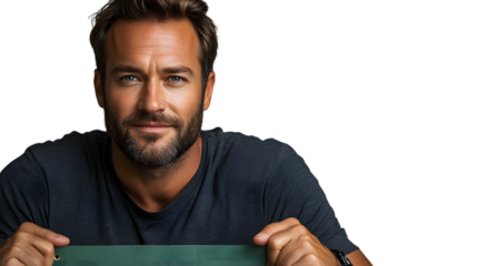 Confident Man with Charismatic Smile Holding a Tablet Against a Black Background