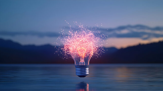 Floating Illuminated Lightbulb Against Sunset Landscape